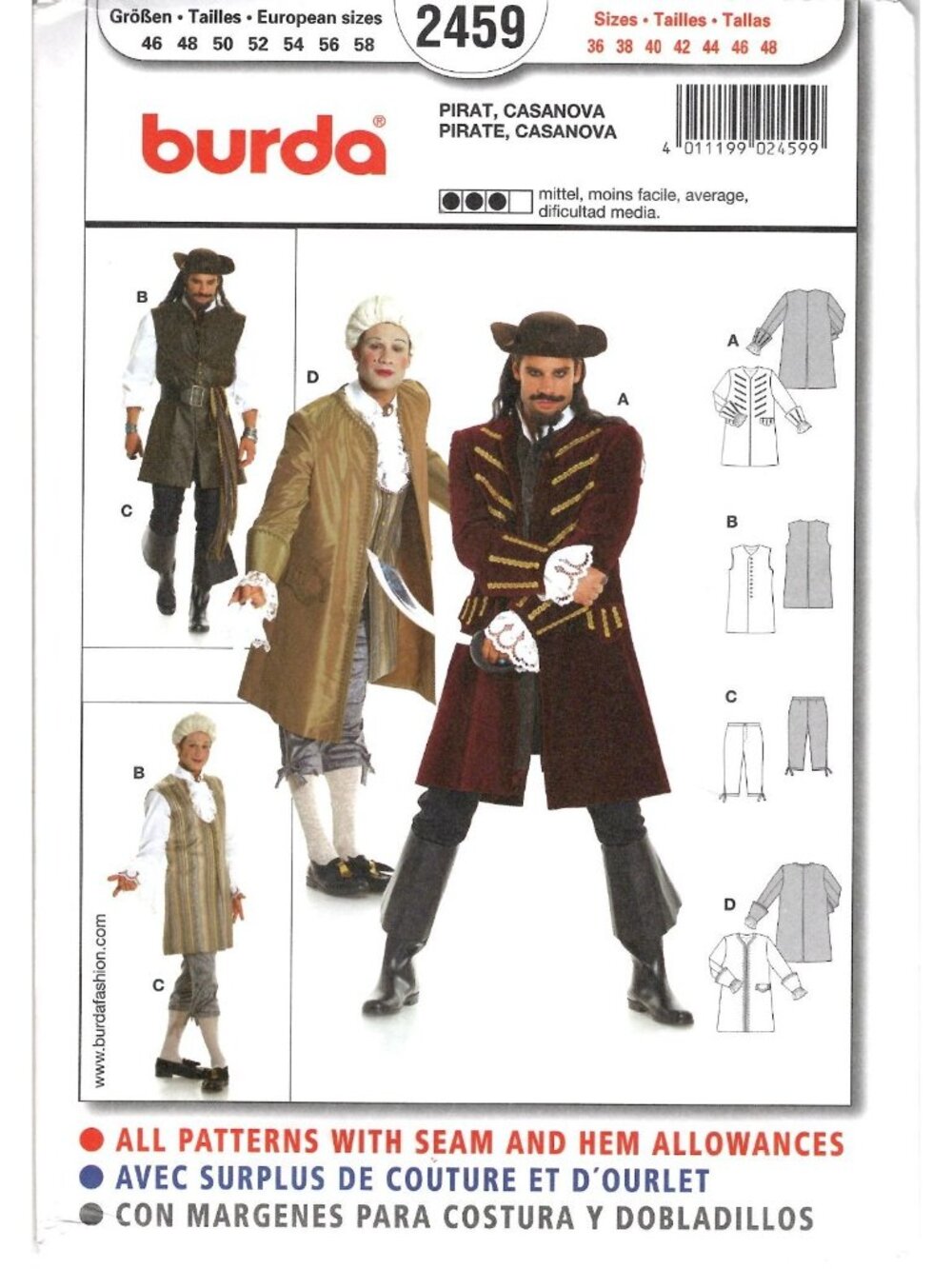 Burda 2459 Mens 36-48 Pirate and Casanova Halloween Costume Uncut Sewing Pattern
